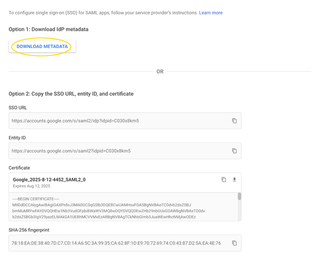 Google Admin Console Create App Step 2