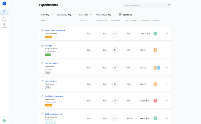 A screenshot of a web console dashboard with some experiments listed in it.