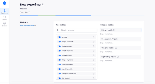 A screenshot of the Metrics experiment creation page