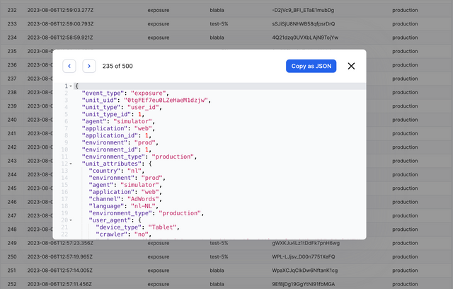 A screenshot of one event's raw JSON data