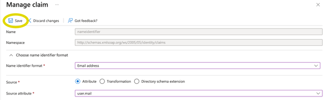 A screenshot of the Unique User Identifier (Name ID) panel with the Name identifier format, Source, and Source attribute filled in