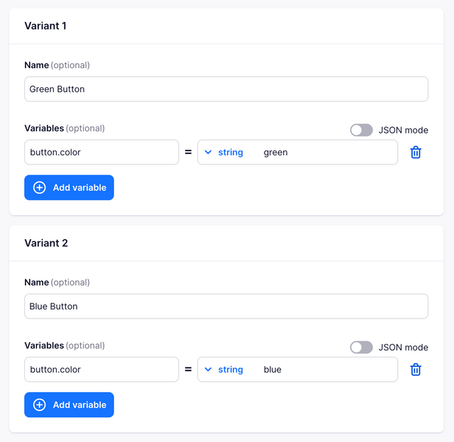 An example of the variants form on the Web Console with a variable applied to each one.