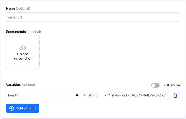 A screen capture of the absmartly web console variants section where a h1 tag has been added as a variant variable to variant B