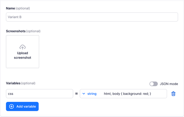 A screen capture of the absmartly web console variants section where a CSS rule has been added as a variant variable to variant B