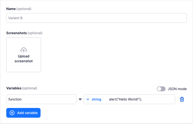 A screen capture of the absmartly web console variants section where an alert function has been added as a variant variable to variant B